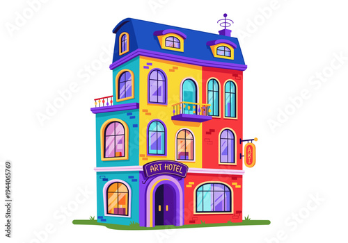Colorful cartoon art hotel building with arched windows and balconies
