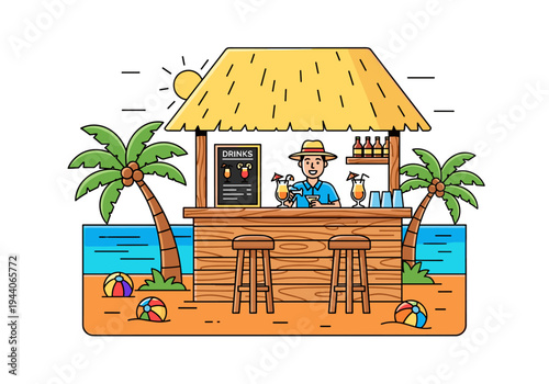 Tropical beach bar with bartender serving cocktails under palm trees and sunny sky