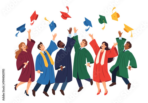 Diverse group of graduates in colorful gowns toss caps in the air celebrating achievement