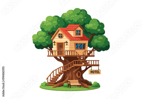 Charming cartoon treehouse hotel with a wooden sign and a bench on a grassy lawn