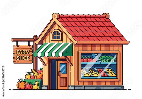 Charming cartoon farm shop building with fresh produce displayed outside and inside