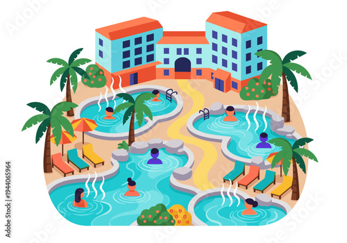 Relaxing resort with multiple pools and people enjoying a warm soak surrounded by palm trees