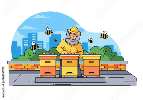 Beekeeper in protective suit tending to beehives with city skyline in background