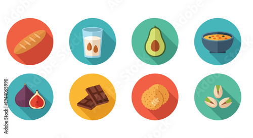 Set of 8 Flat Design Healthy Food and Drink Icons Vector