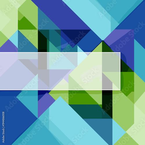 Abstract geometric composition with overlapping translucent shapes in shades of blue, green, and purple, featuring a central white rectangular overlay.