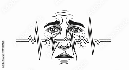 Stressed face with heartbeat line across eyes and nose