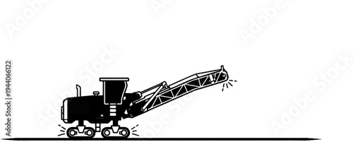 Stylized black and white illustration of a paving machine