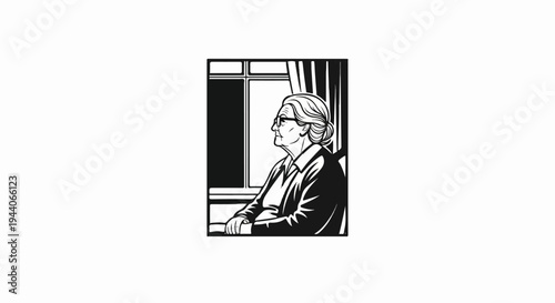 Stylized black and white drawing of an elderly woman in profile looking out a window