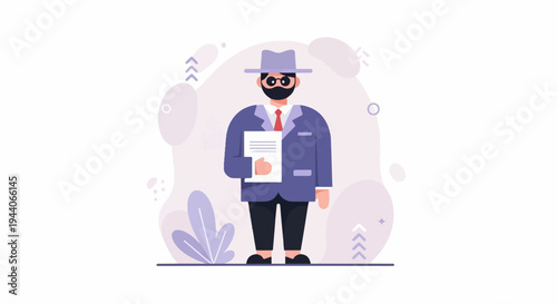 Stylized cartoon man in a suit, hat, and glasses holding a document