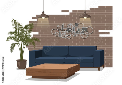 Cozy living room with blue sofa, wooden coffee table, and brick wall backdrop