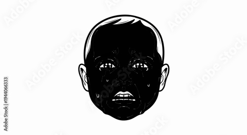 A black and white illustration of a crying baby's face