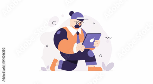 Stylized man with glasses and cap kneels, engrossed in a tablet