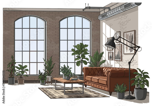 Cozy Living Room with Chesterfield Sofa, Plants, and Large Windows Bathed in Natural Light