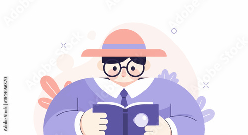 A person in a hat and glasses reads a book, surrounded by abstract shapes and leaves