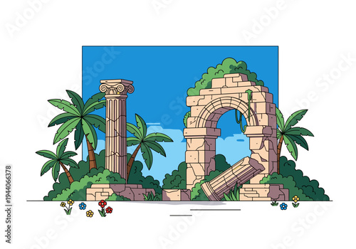 Ancient Greek ruins with palm trees and blue sky, a lost civilization illustration