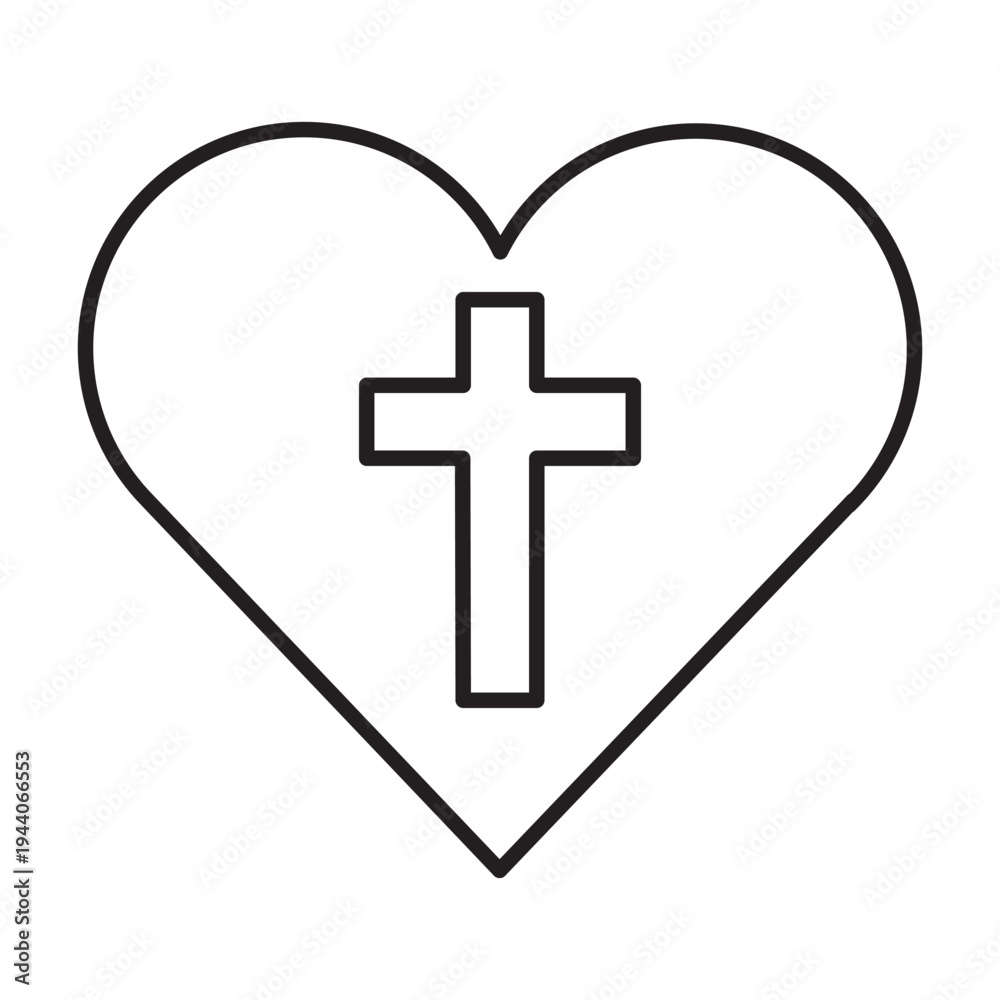 Obraz premium Minimalist vector illustration of a christian cross inside a heart shape with editable stroke. Symbol of divine love, faith, and religious devotion for easter and spiritual designs.