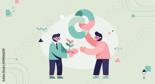 Two men collaborating on a project, one presenting a plant to the other holding a globe