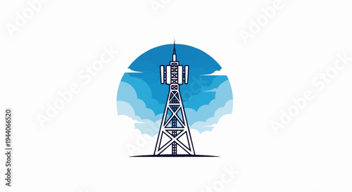 Tower with antennas against a cloudy blue sky circle