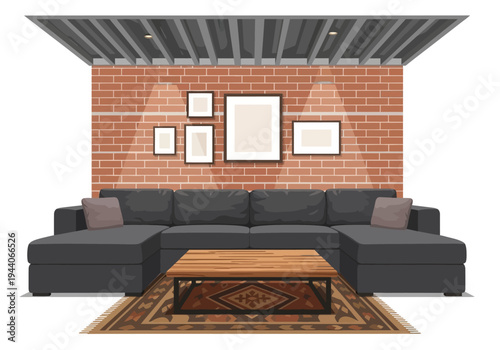 Contemporary living room with sectional sofa, rustic brick wall, and artwork displayed on wall