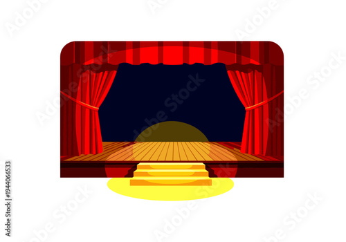 Empty theater stage with red curtains and spotlight, ready for performance
