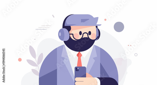 A stylish man in a suit and headphones holds a smartphone