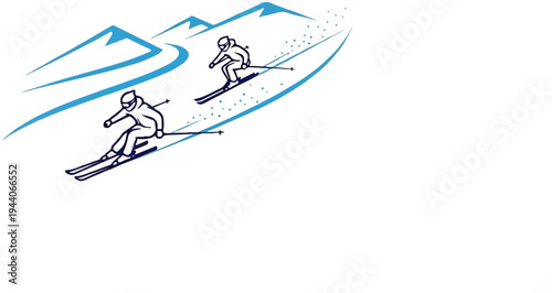 Two skiers descend a snowy mountain slope with stylized blue peaks