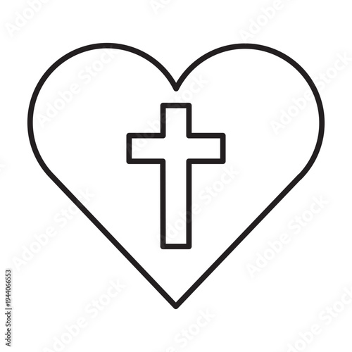 Minimalist vector illustration of a christian cross inside a heart shape with editable stroke. Symbol of divine love, faith, and religious devotion for easter and spiritual designs.