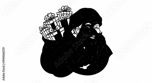 A black and white drawing of Santa Claus with a sack full of gifts