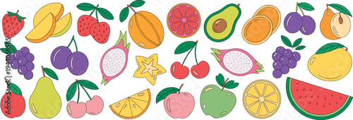 Colorful Tropical Fruit Vector Collection with Strawberry Mango Avocado Dragon Fruit Watermelon Citrus and Healthy Fresh Food Elements