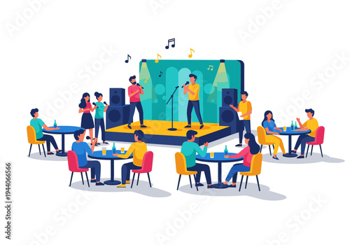 People enjoying live music performance at a bar with singers and audience