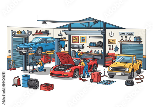 Busy auto repair shop with mechanics working on different vehicles and tools