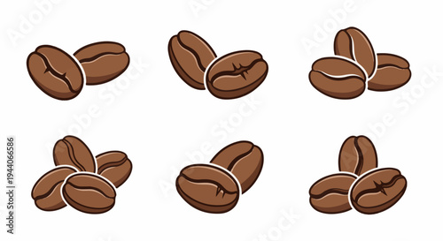 A variety of brown coffee beans in clusters of two and three on a white background