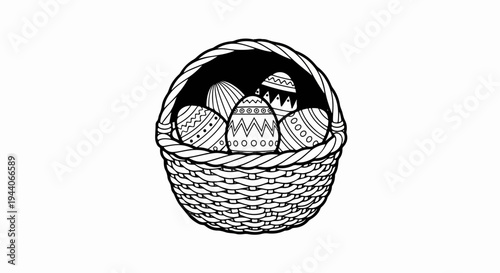 A woven basket brimming with intricately patterned Easter eggs