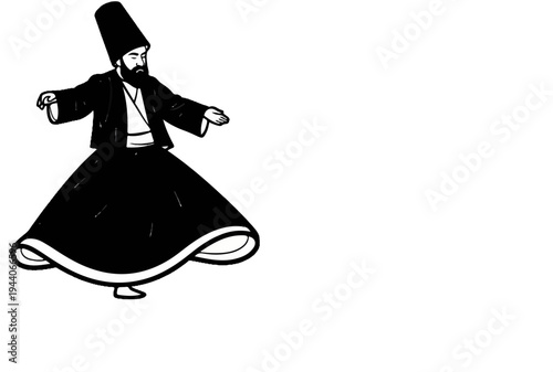A black and white illustration of a man in a long skirt and tall hat spinning