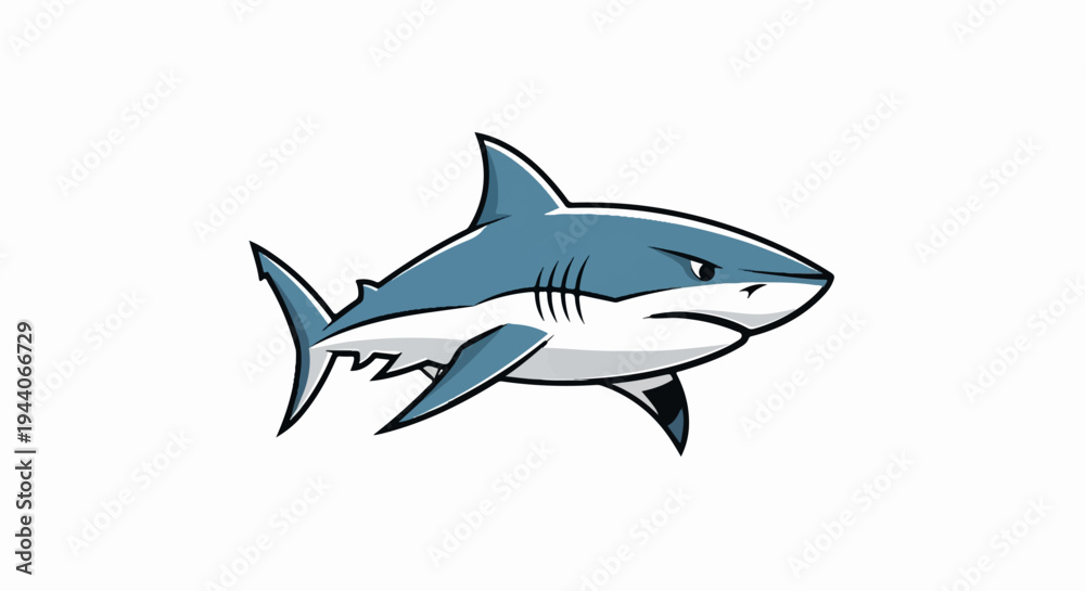 Fototapeta premium A cartoon shark with a menacing expression swims to the right