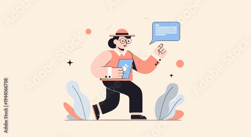 Animated person in hat holding tablet, talking bubble, and abstract shapes
