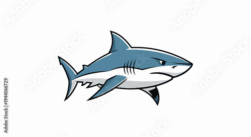 A cartoon shark with a menacing expression swims to the right