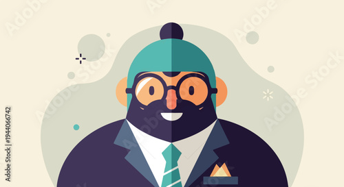 Stylized flat illustration of a bearded man in glasses and suit