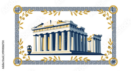 Abstract colorful modern vector illustration of the Parthenon, a digital art background with ancient Greek architectural elements and a decorative border