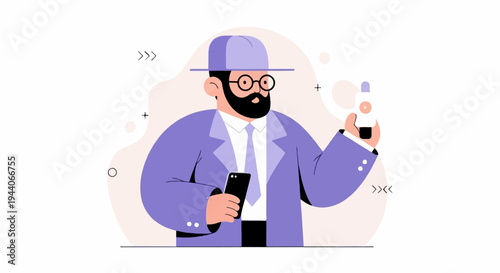 Bearded man in hat and suit with phone, abstract shapes