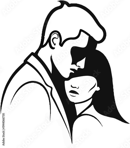 Stylized graphic of a man embracing a woman, head bowed