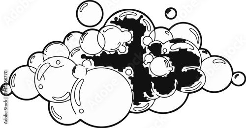 A cluster of many shiny, round bubbles with thick black outlines