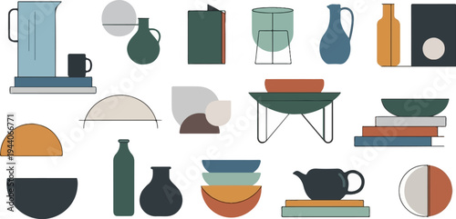 A collection of abstract, flat-design objects and shapes in muted earth tones