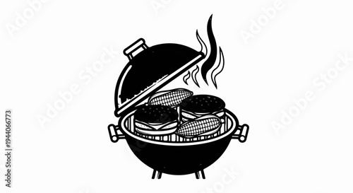 Black and white illustration of a grill with burgers and corn on the cob