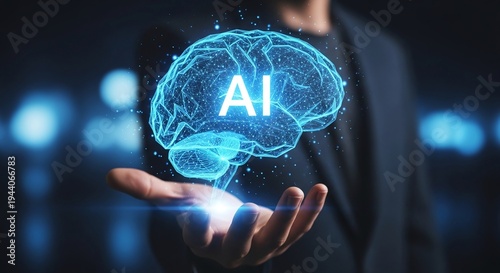 Artificial Intelligence (AI) Brain Hologram Held by Human Hand