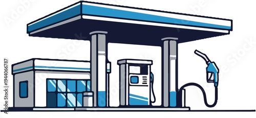 A cartoon-style illustration of a service station with pumps