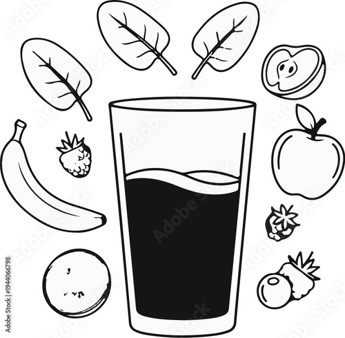 A glass of dark liquid surrounded by whole and sliced fruits and spinach leaves