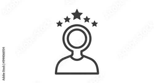 Customer satisfaction rating icon with five stars above head.