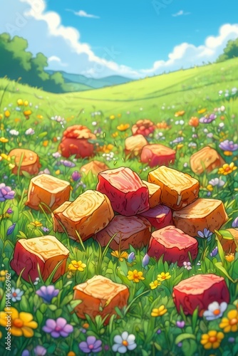 Artistic Rendering of Food Blocks in a Lush Meadow