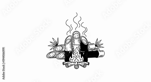 Rustic campfire scene with bamboo tubes and burning logs